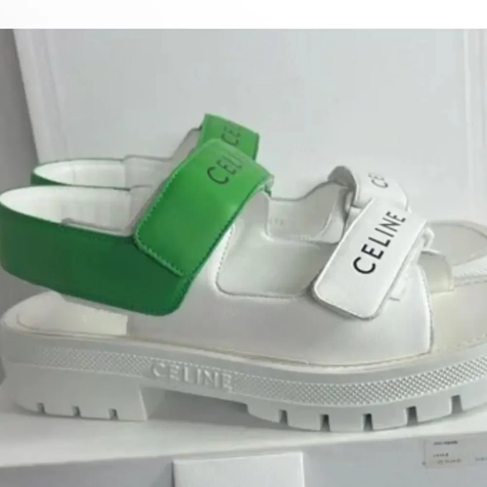 NEW Celine Leo Scratch Calfskin Double Strap Sandals in white and green $850 - Picture 3 of 4